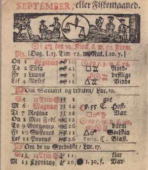 Dette er en side fra almanakken r 1700, man ser at der i begyndelsen af september vil vre nordvestlige vinde, den 6.-7. bliver det hstvejr aflst af varmt solskin, den 11. blser det og den 12. bliver det klart vejr. Det at rets vejrudsigt var med i kalenderen var en gammel astrologisk tradition. Mnens gang gennem stjernetegnene str i 4. kolonne.