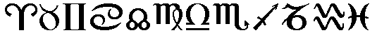 Fra venstre af er her symbolerne for:
VDDEREN, TYREN, TVILLINGERNE, KREBSEN, LVEN, JOMFRUEN, VGTEN, SKORPIONEN SKYTTEN, STENBUKKEN, VANDMANDEN og FISKENE. 
Symbolerne stammer fra middelalderen.