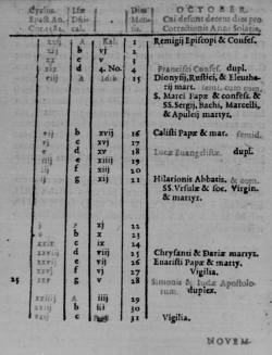 Kalenderside for oktober 1582, dagene mellem d. 4. og d. 15. er udeladt.